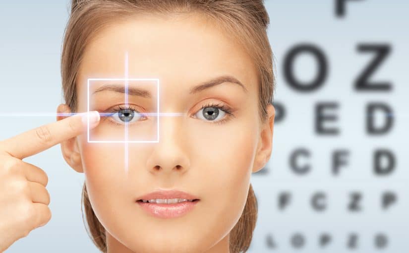 LASIK patient in front of eye test background.