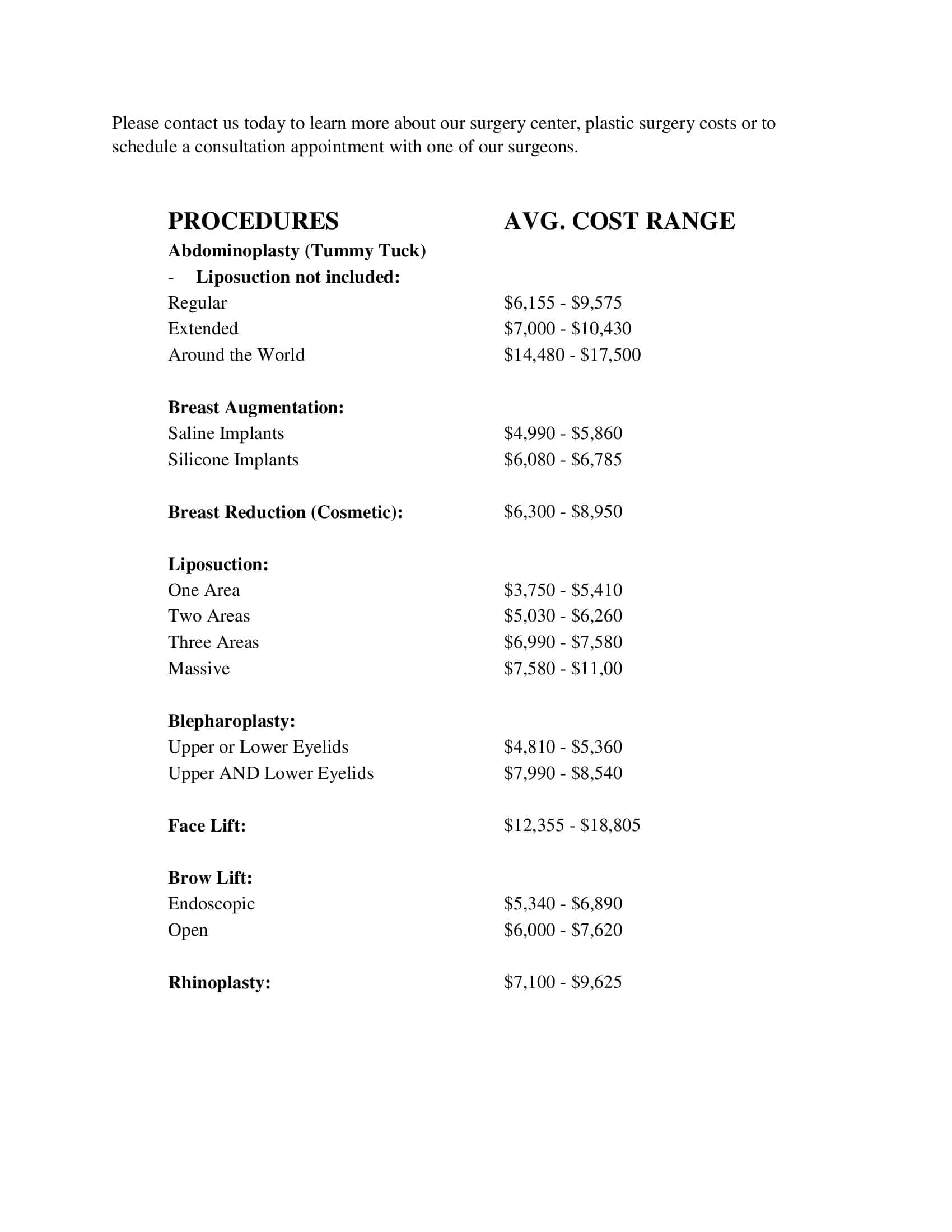 Price sheet