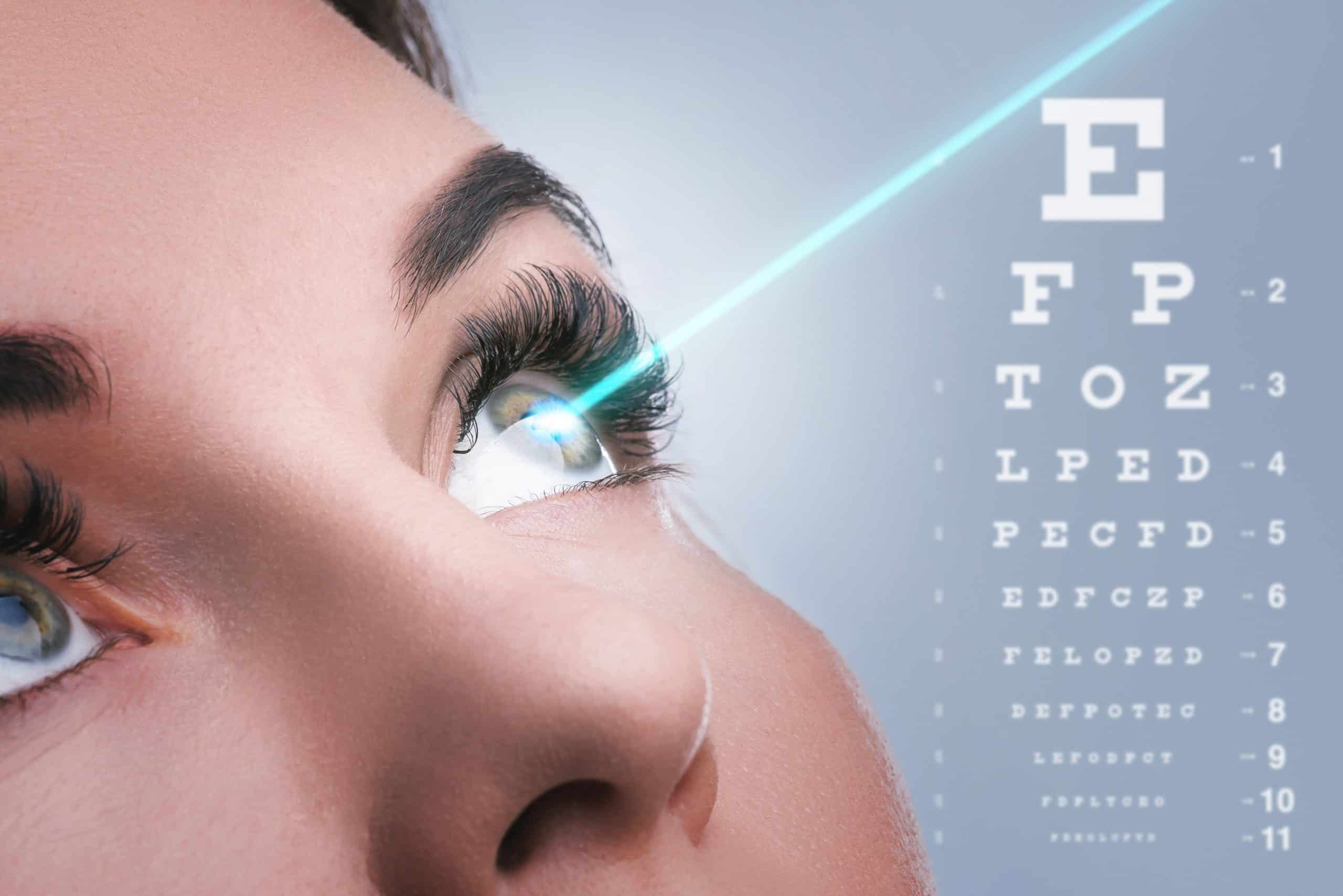 Image of woman reading an eye chart after undergoing corrective laser surgery for her myopia
