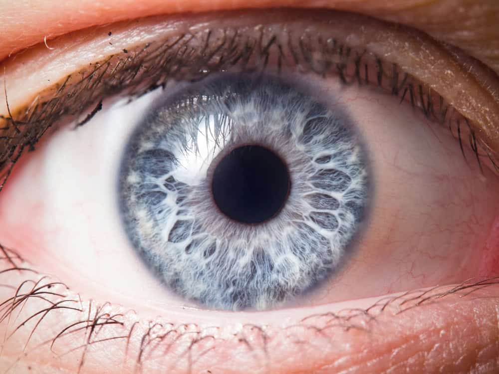 Close-up shot of blue eye that looks well hydrated by tear film.